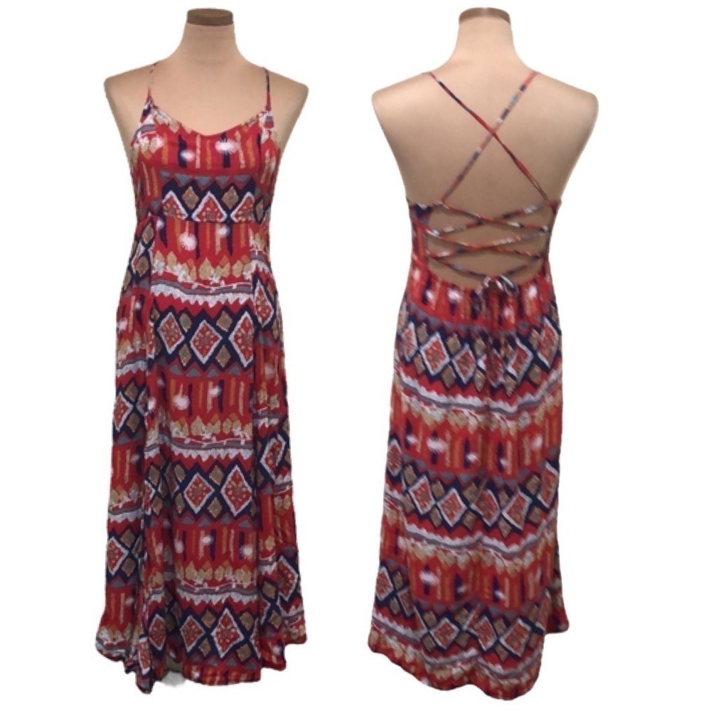 Francesca’s Collection Midi Dress Size Medium Red Lace Up Corset Open Back